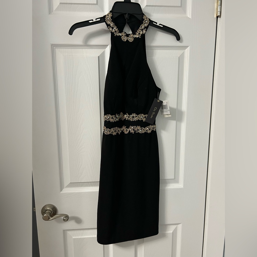 City Studio Black Dress with Gold Embellishments